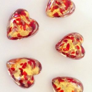 Puffed Heart Murano Lampwork Glass Beads Gold Foil